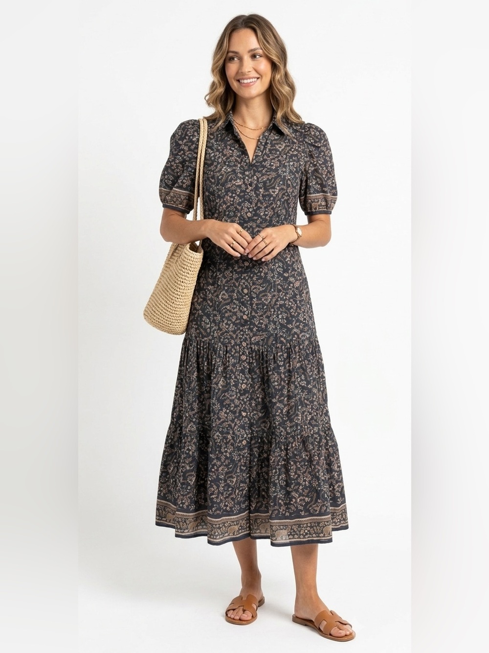 Veronica Beard Black Floral Midi Dress